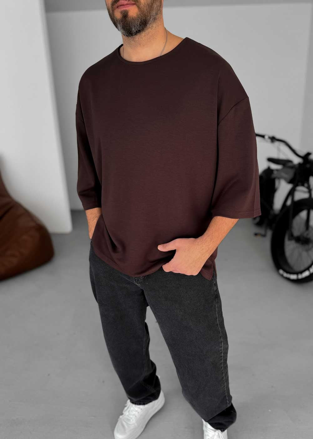 Three-Quarter 3/4 Sleeve T-Shirt Με Ελαστικότητα – Σκούρο Καφέ – 2
