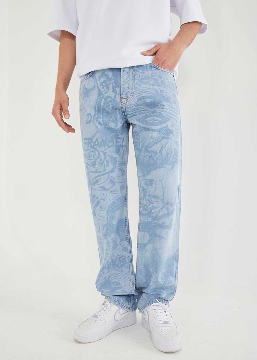 Full Printed Baggy Denim Παντελόνι - Ανοιχτό Γαλάζιο – 3
