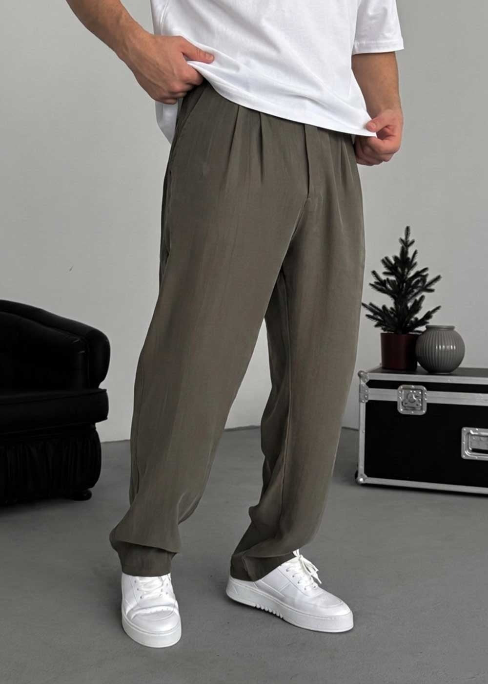 Premium Baggy Παντελόνι από Tencel με Πιέτες – Χακί – 4