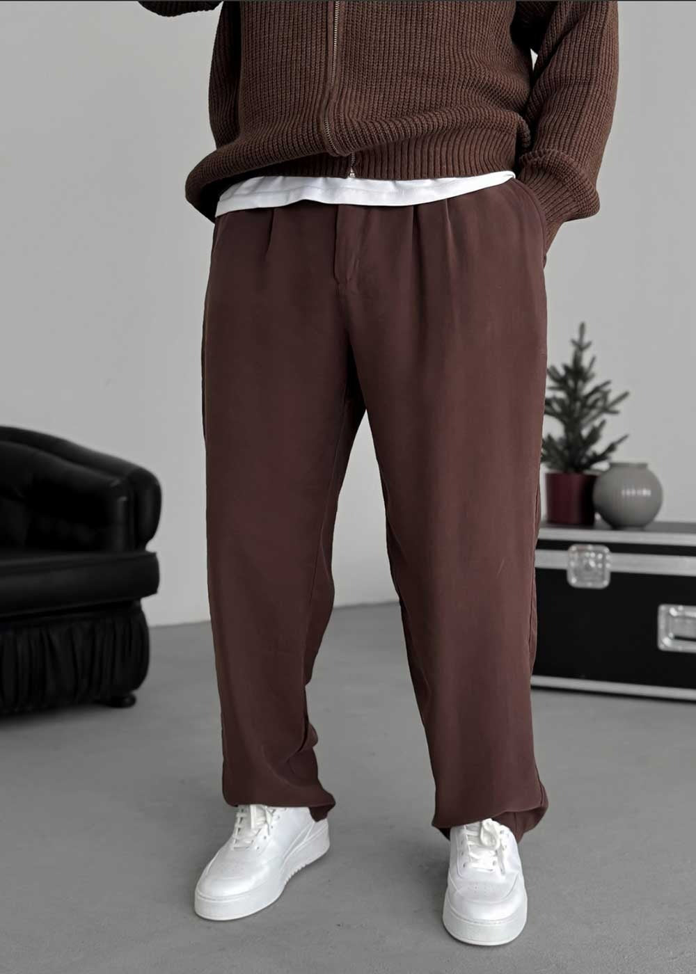 Premium Baggy Παντελόνι από Tencel με Πιέτες – Καφέ – 2