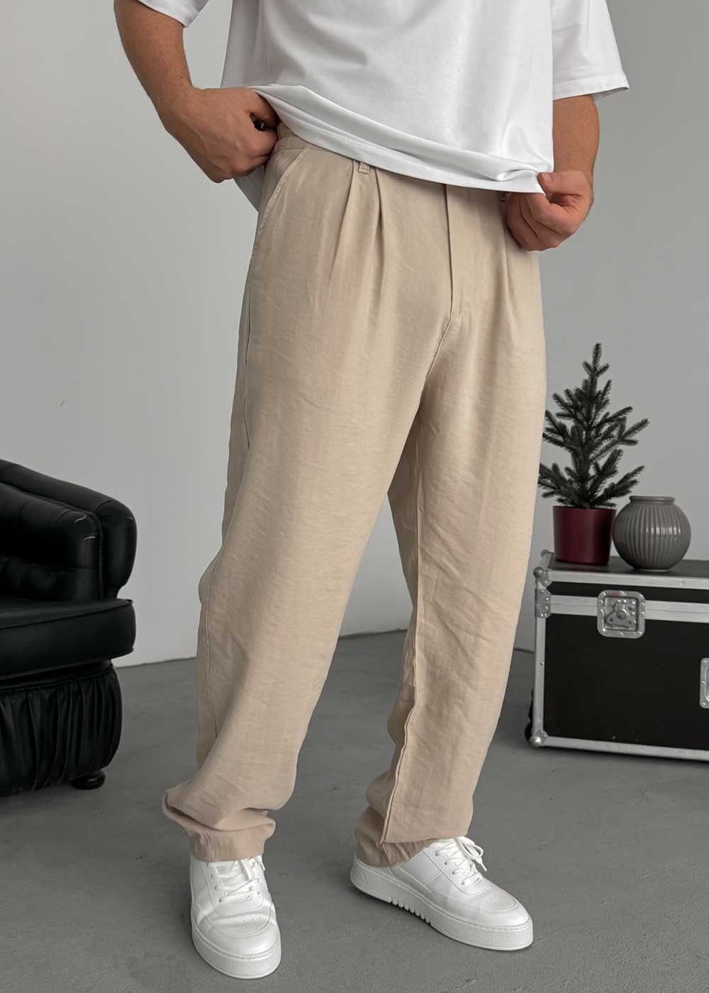 Premium Baggy Παντελόνι από Tencel με Πιέτες – Μπεζ – 4