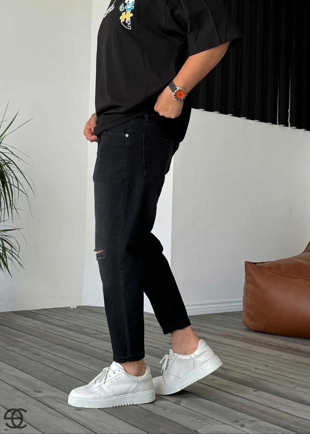 Παντελόνι Τζιν Loose Fit Με Σκισίματα Στα Γόνατα- Ξεβαμμένο Μαύρο – 3