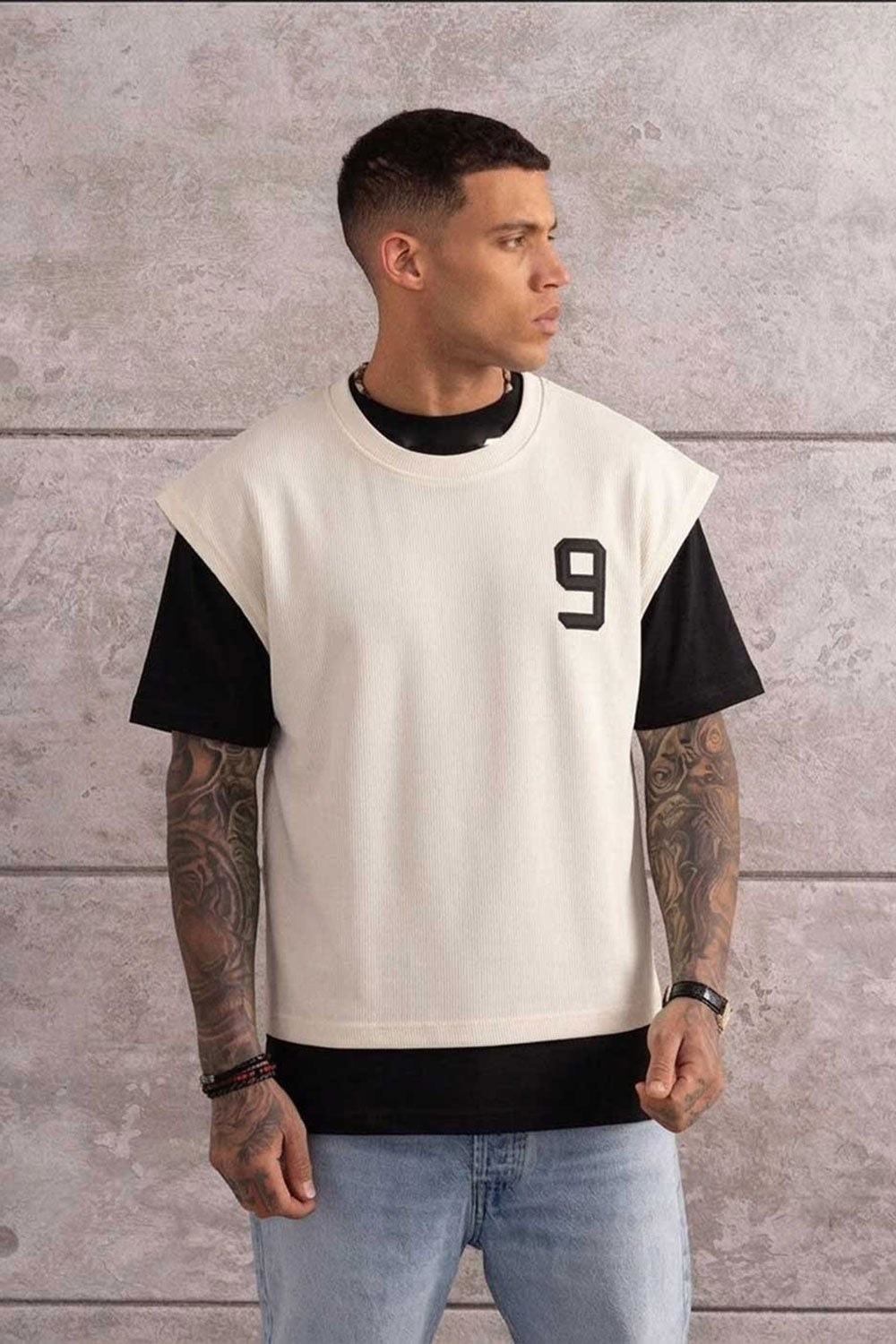 Oversized Double T-Shirt Number 9 – Εκρού / Μαύρο
