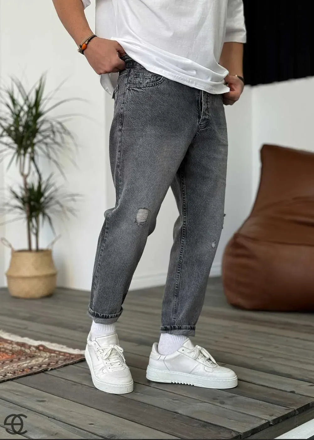 Παντελόνι Τζιν Loose Fit Με Μικρά Σκισίματα - Γκρι Σκούρο – 2