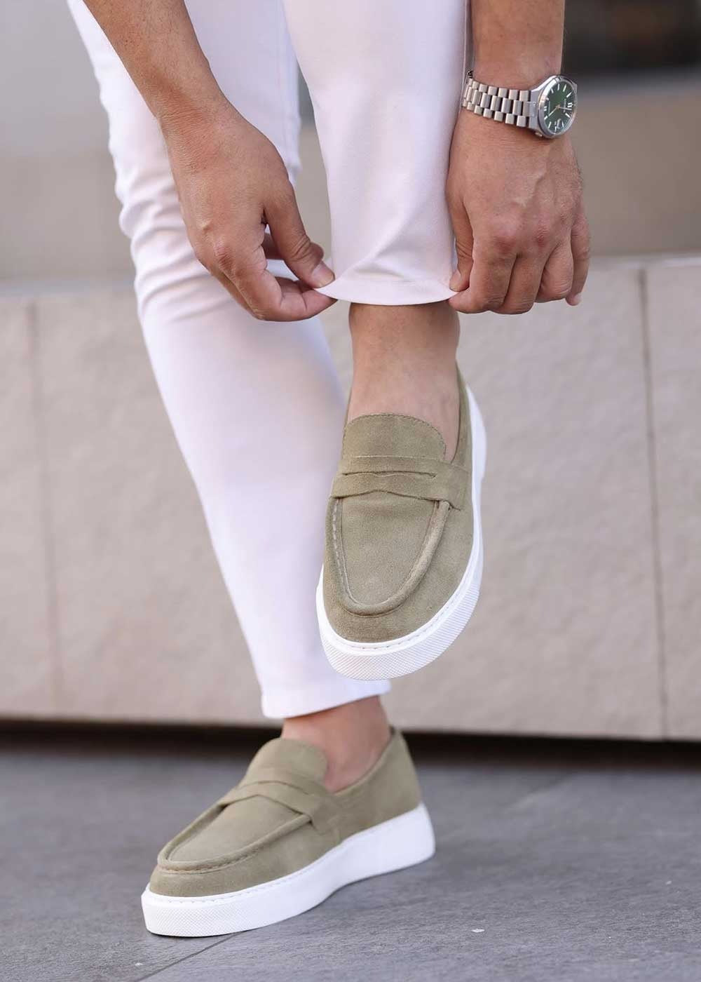 Suede Loafers με Λευκή Σόλα – Λαδί – 2