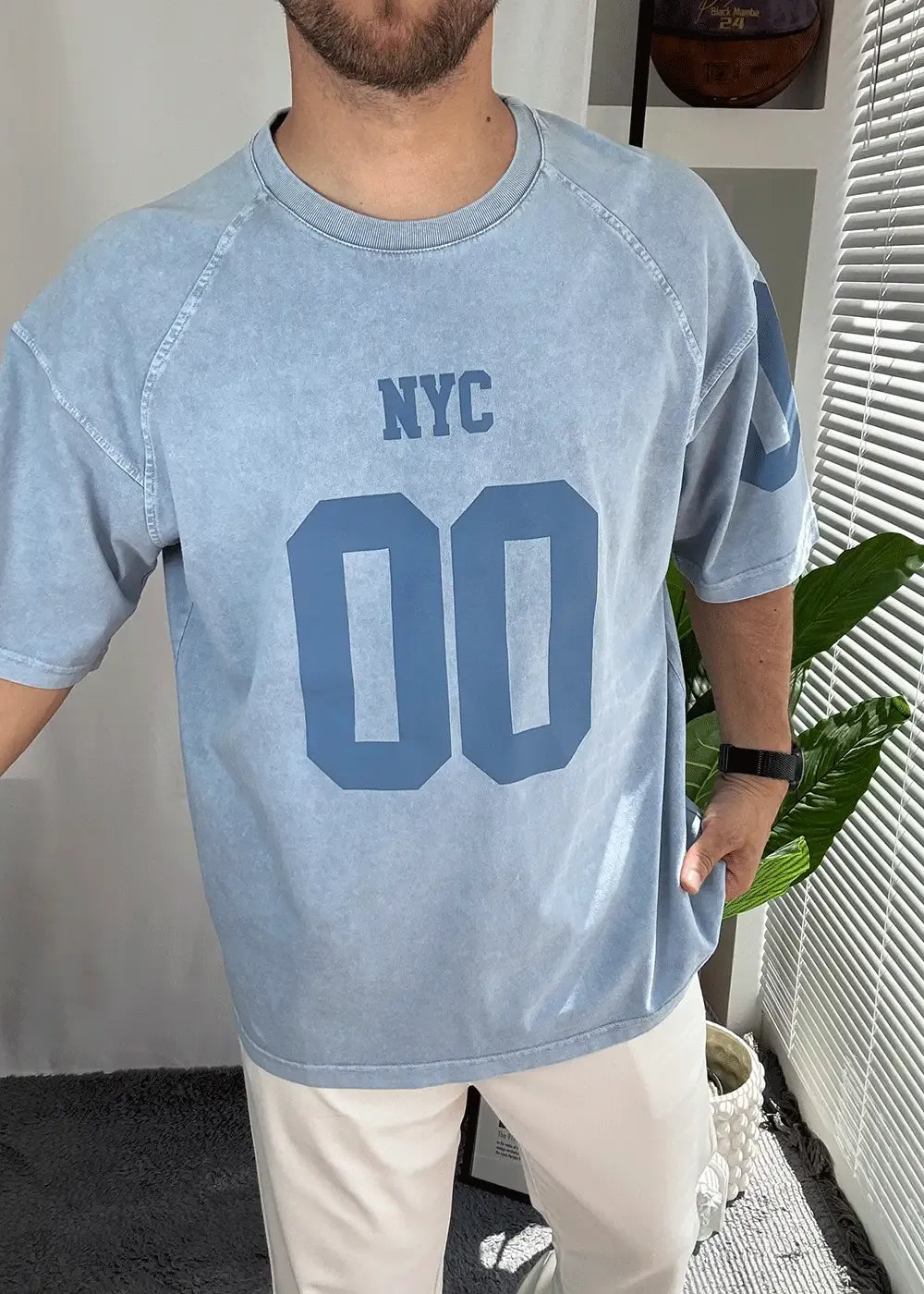 NYC Oversized T-shirt Με Τύπωμα Και Ξεβαμμένο Εφέ – Γαλάζιο – 2