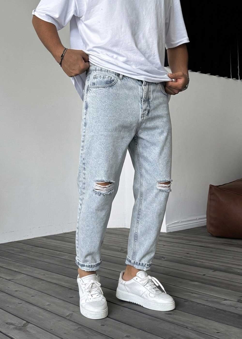 Παντελόνι Loose Fit Jean Με Σκίσιμο Στα Γόνατα  - Γαλάζιο