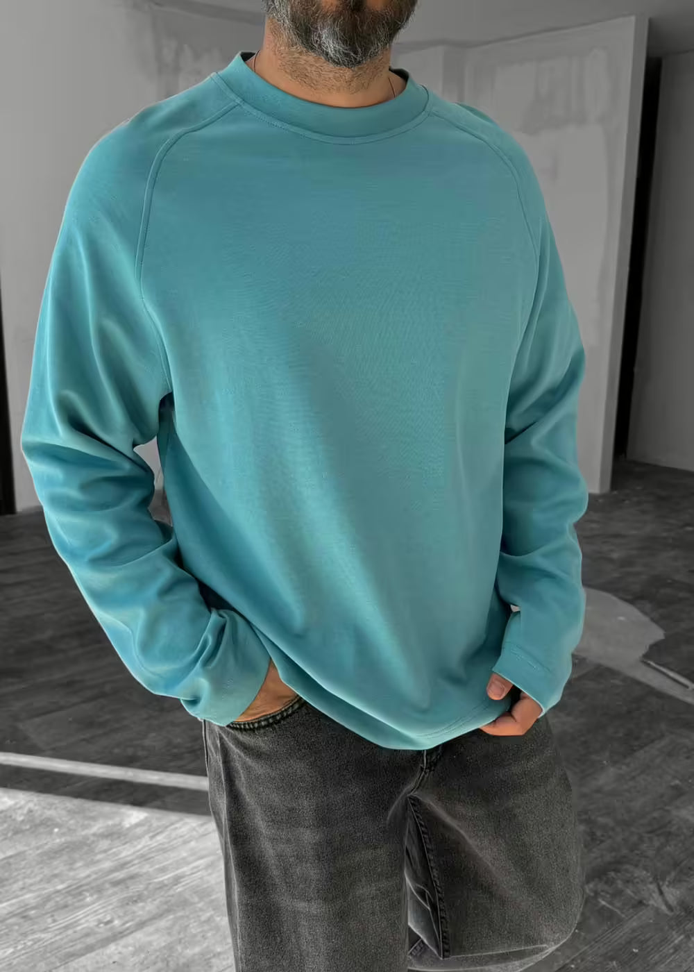 Oversized Λεπτή Μπλούζα Φούτερ Με Στρογγυλό Γιακά – Γαλάζιο Ουρανί