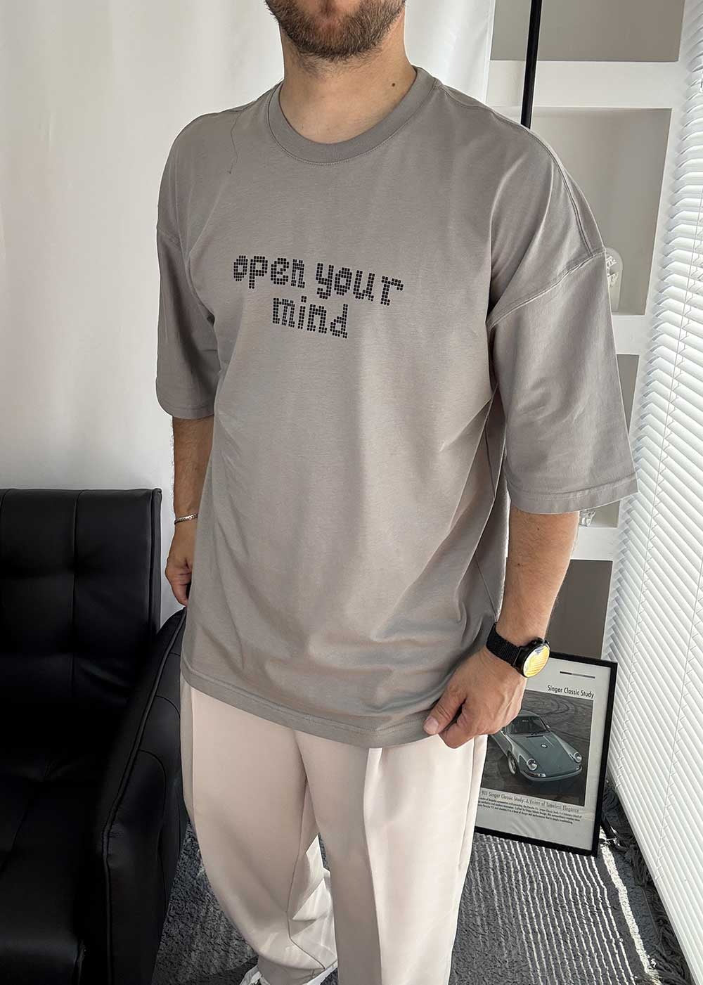 Open Your Mind Oversized T-Shirt με Τύπωμα – Γκρι – 2