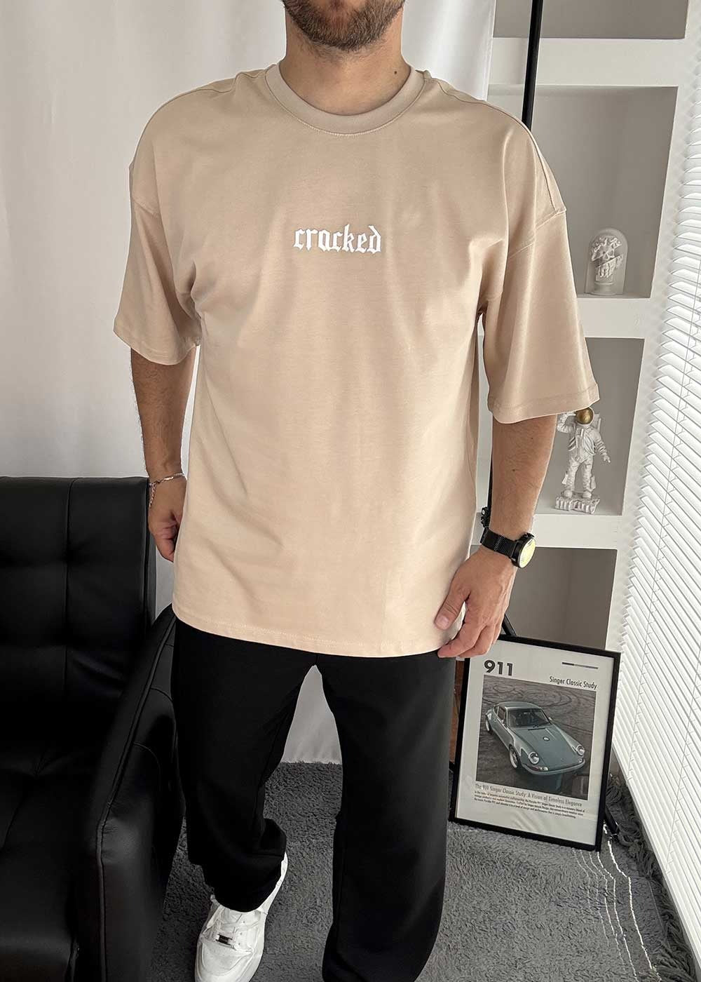 Cracked Oversized T-Shirt με Τύπωμα – Μπεζ – 2