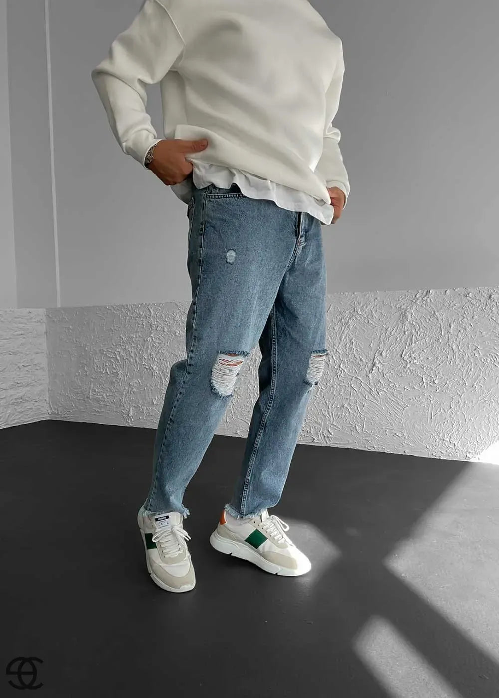 Παντελόνι Τζιν Loose Fit Με Σκίσιμο Στα Γόνατα Και Ξέφτια Στο Τελείωμα – Μπλε Επεξεργασμένο