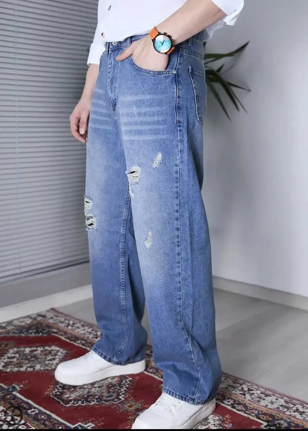 Παντελόνι Relax Baggy Με Σκισίματα -Επεξεργασμένο Μπλε