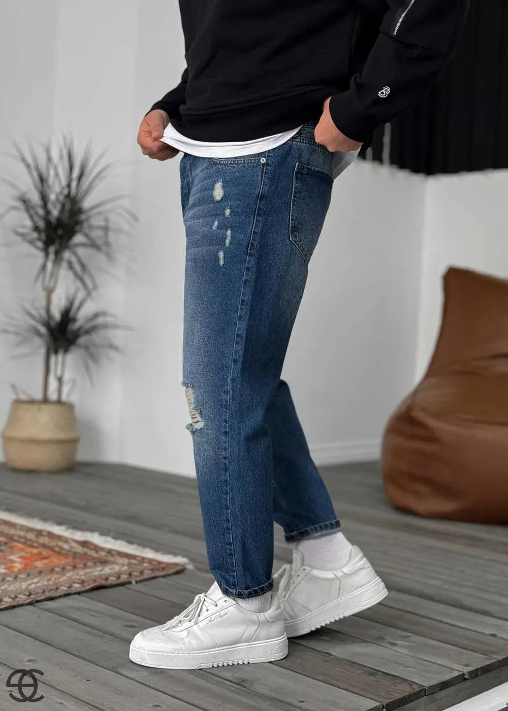 Παντελόνι Τζιν Loose Fit Πετροπλυμένο Με Σκίσιμο Στα Γόνατα - Μπλε – 3