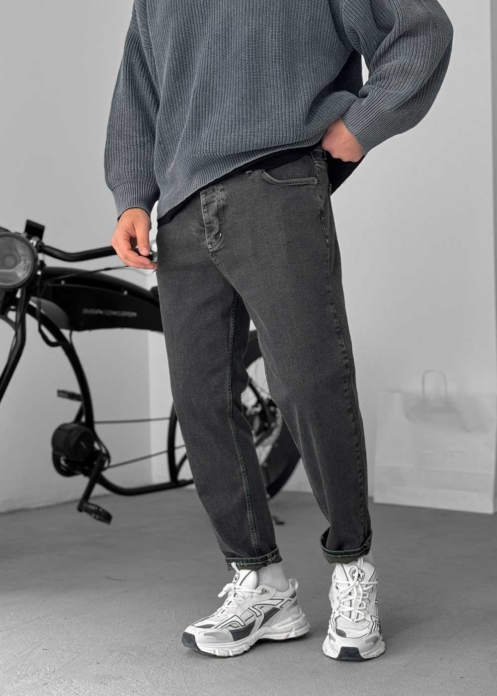 Παντελόνι Τζιν Loose Fit Με Ραφές Και Ελαστάν - Σκούρο Ανθρακί – 2