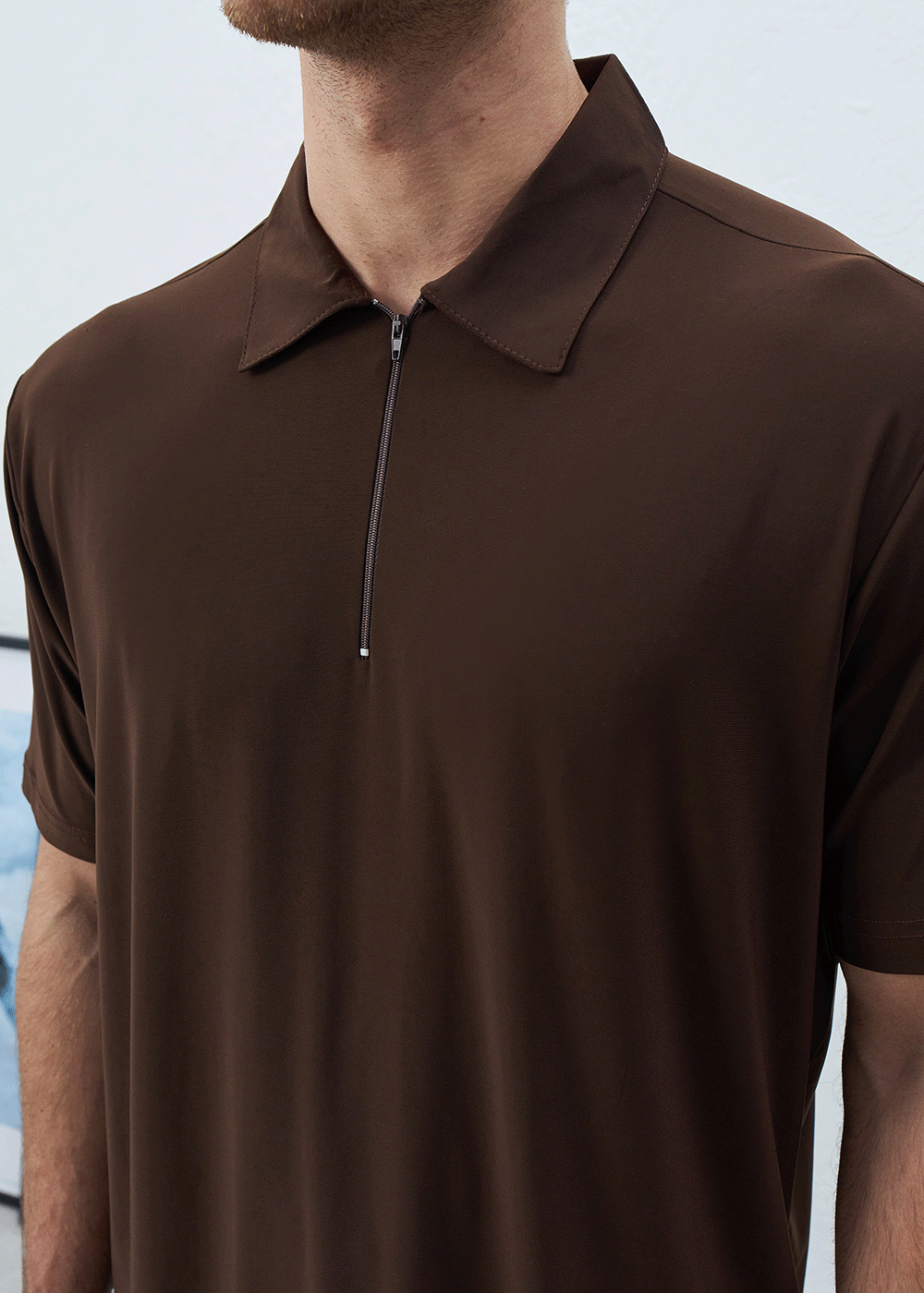 Polo T-Shirt Quarter-Zip Silk-Touch – Καφέ