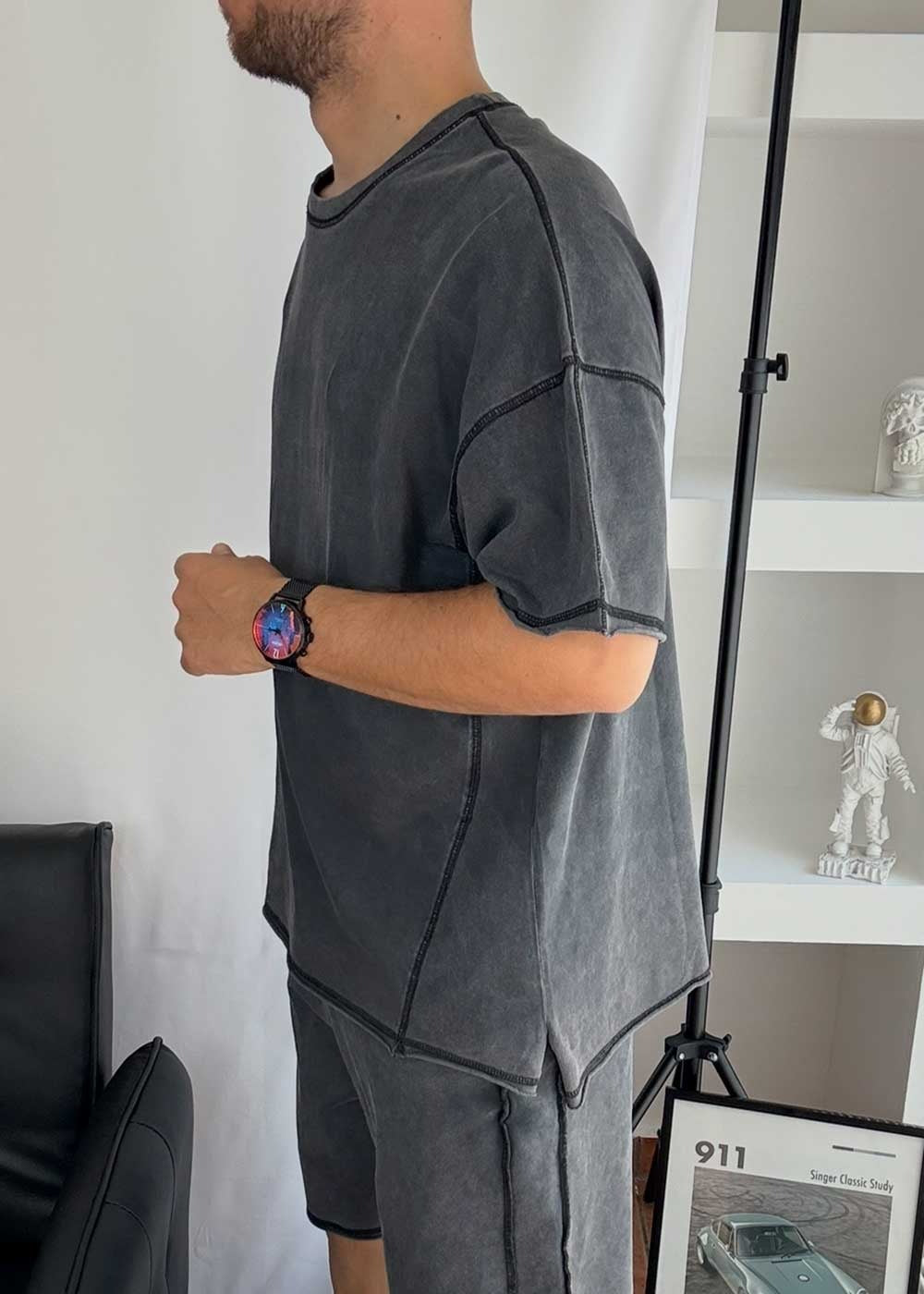 Faded Oversized Tshirt Με Ραφές – Ανθρακί Ξεβαμμένο – 2