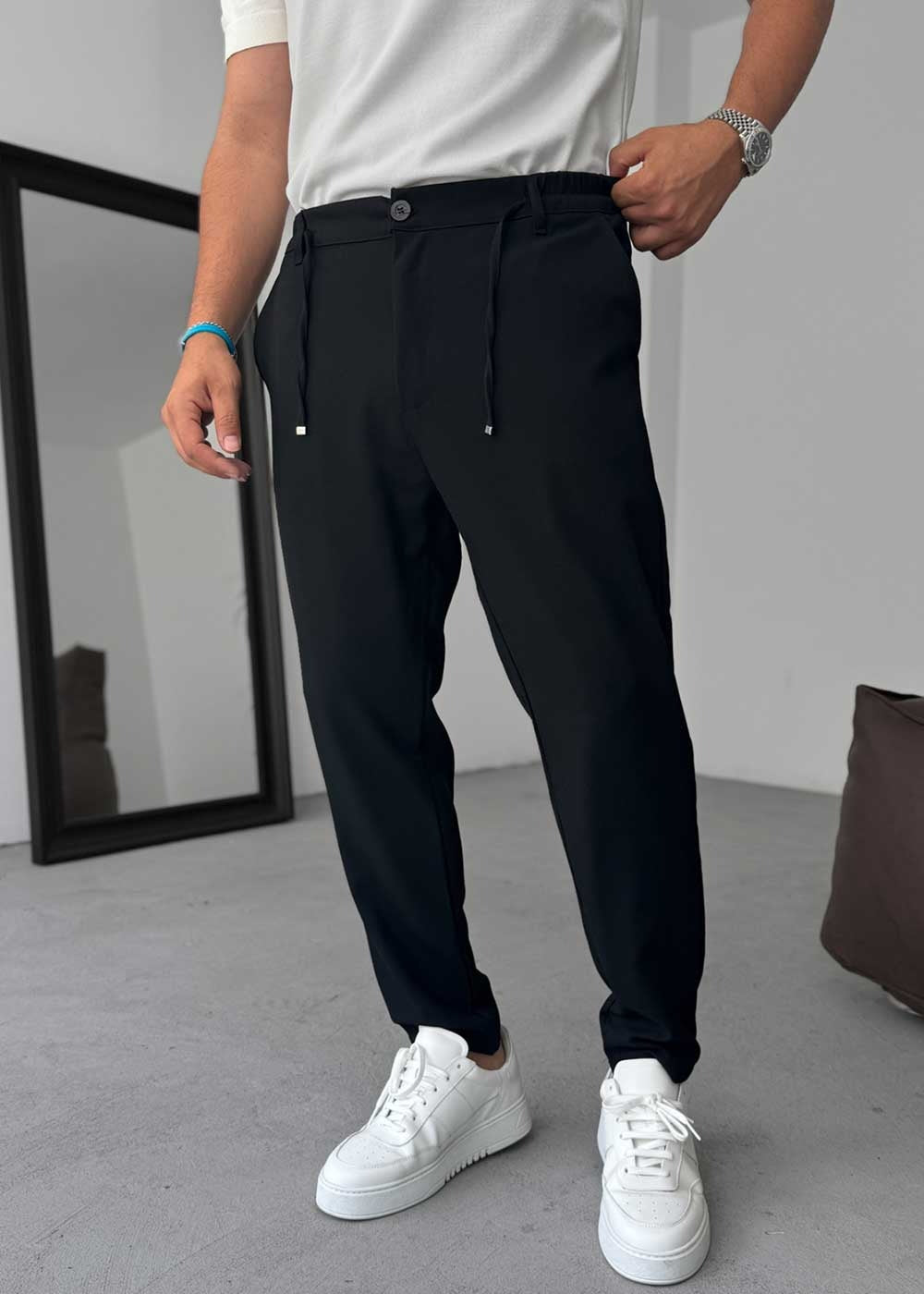 Relaxed Fit Υφασμάτινο Παντελόνι με Λάστιχο – Μαύρο
