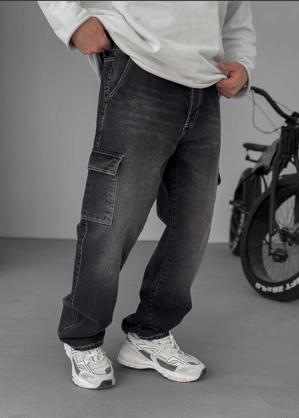 Cargo Baggy Denim Τζιν Με Ραφές – Ξεββαμένο Μαύρο