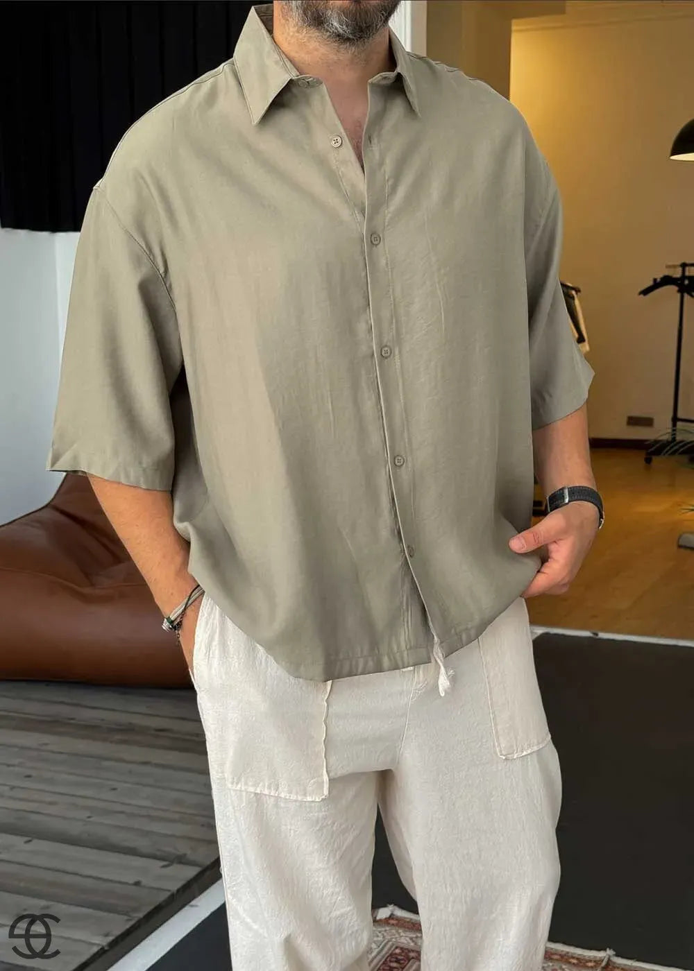 Basic Oversized Πουκάμισο Crop - Χακί – 2