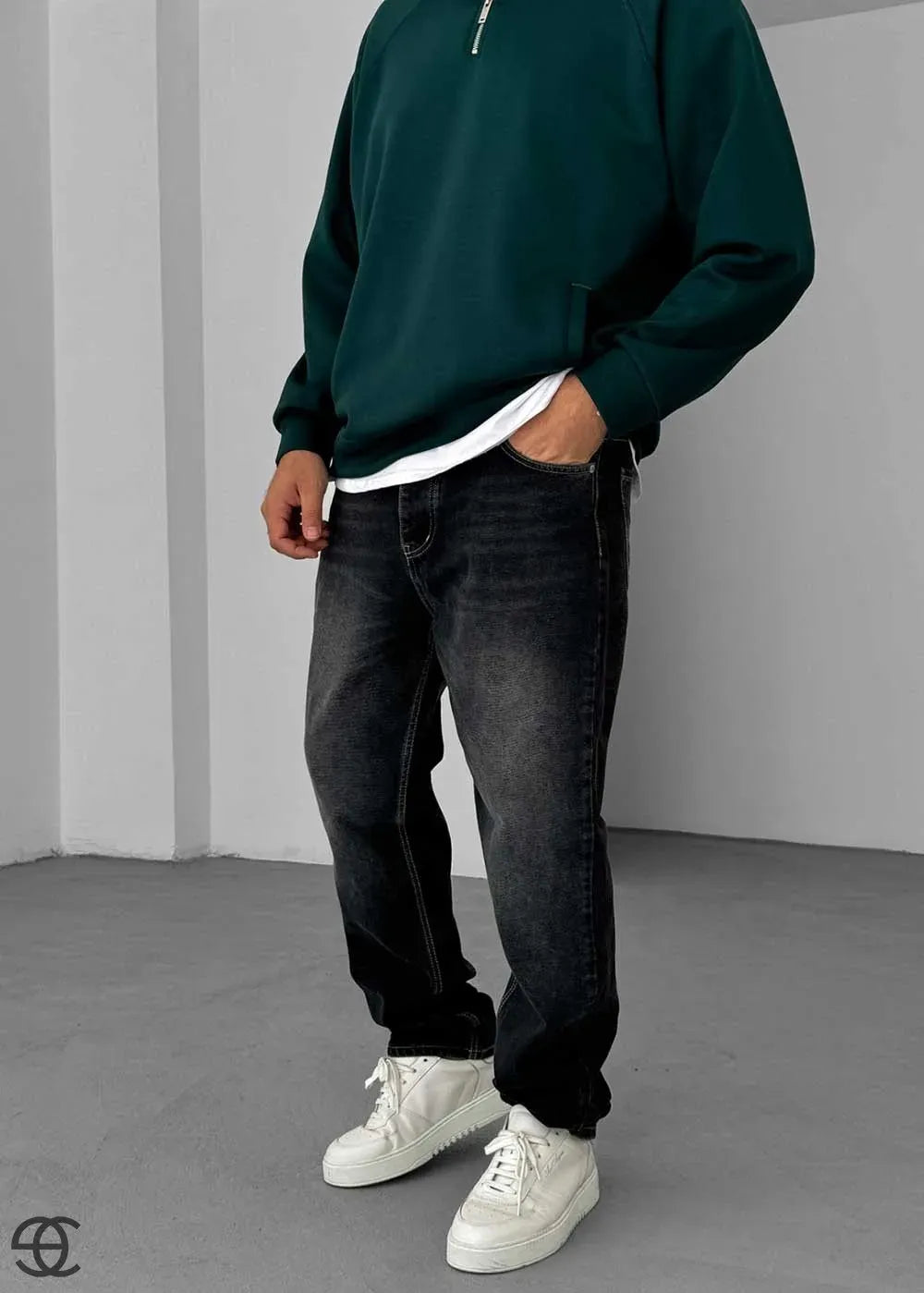 Baggy Denim Τζιν Παντελόνι Με Ραφές Και Ξεβαμμένο Εφέ – Ανθρακί – 3