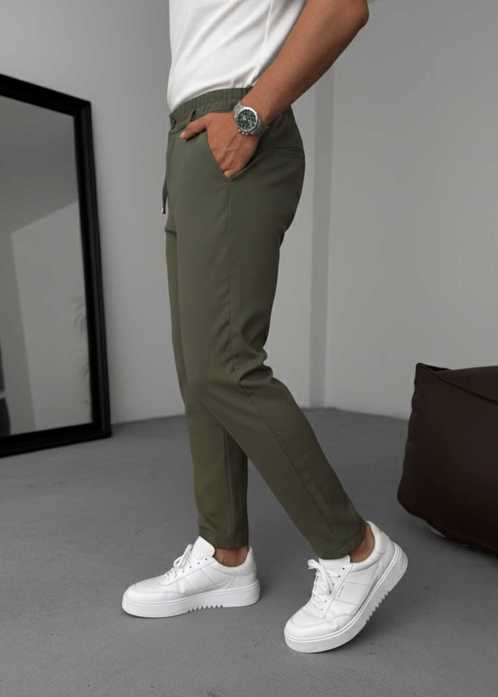 Relaxed Fit Υφασμάτινο Παντελόνι με Λάστιχο – Χακί