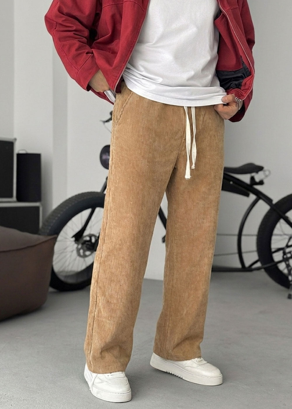 Κοτλέ Corduroy Baggy Παντελόνι με Λάστιχο στη Μέση – Καφέ-Μπεζ – 3
