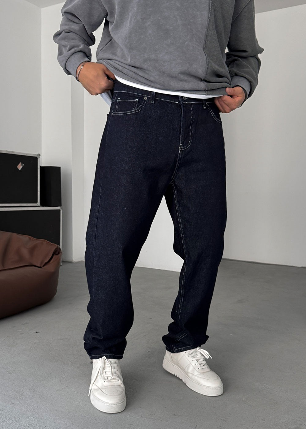 Baggy Denim Τζιν Παντελόνι Με Ραφές – Σκούρο Μπλε – 2