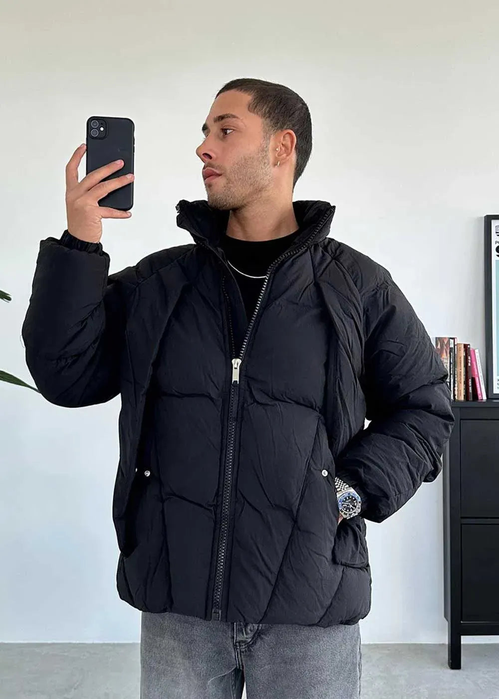 Puffer Μπουφάν με Ψηλό Γιακά και Φερμουάρ - Μαύρο – 2