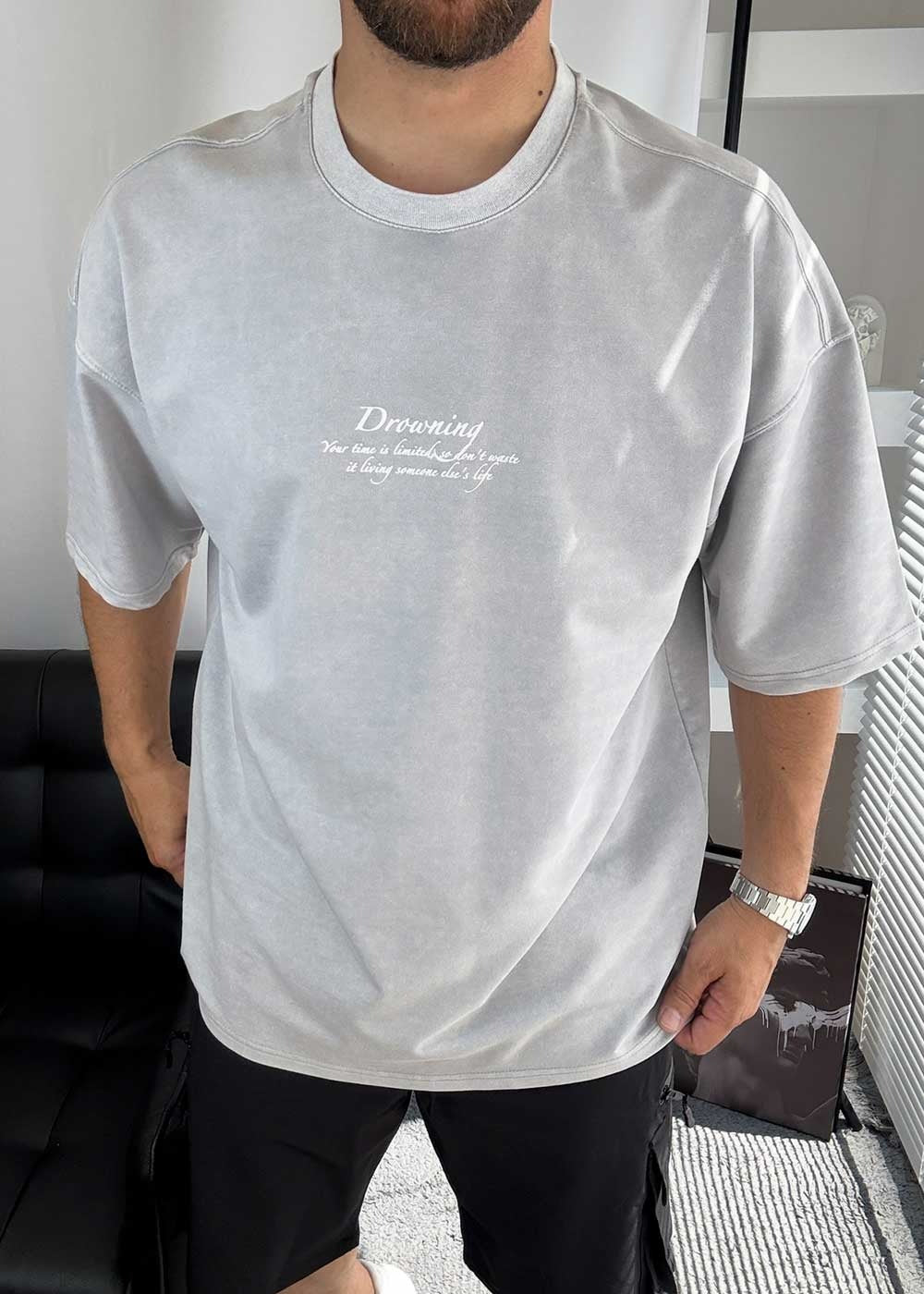 Drowning Oversized T-Shirt με Τύπωμα – Γκρι Ξεβαμμένο – 2