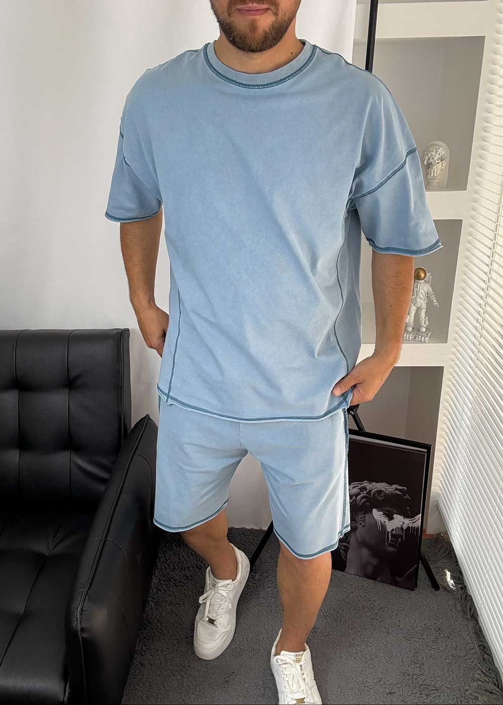 Distressed Σετ Tshirt και Βερμούδα με Λάστιχο στη Μέση – Γαλάζιο Ξεβαμμένο – 7