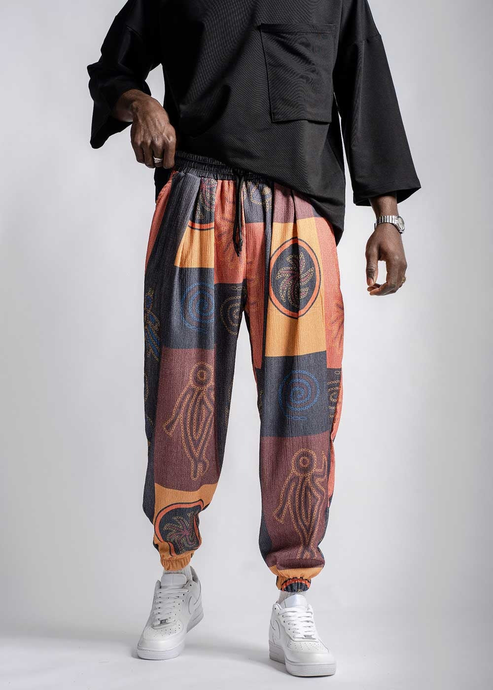 Παντελόνι Jogger Με Πιέτες Και Λάστιχο Σε Ύφανση Boho Με Minimal Print – Πολύχρωμο Σχέδιο – 2