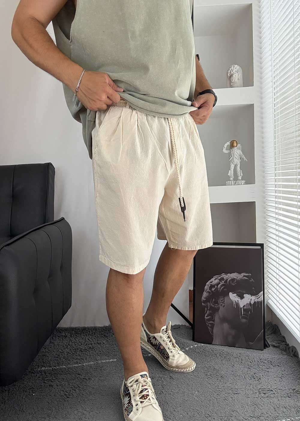 Oversized Λινή Βερμούδα Με Κορδόνι- Μπεζ – 2