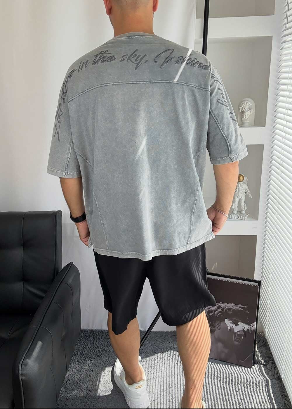 Oversized T-Shirt με Κέντημα Like Stars και Εξωτερικές Ραφές -Γκρι – 2