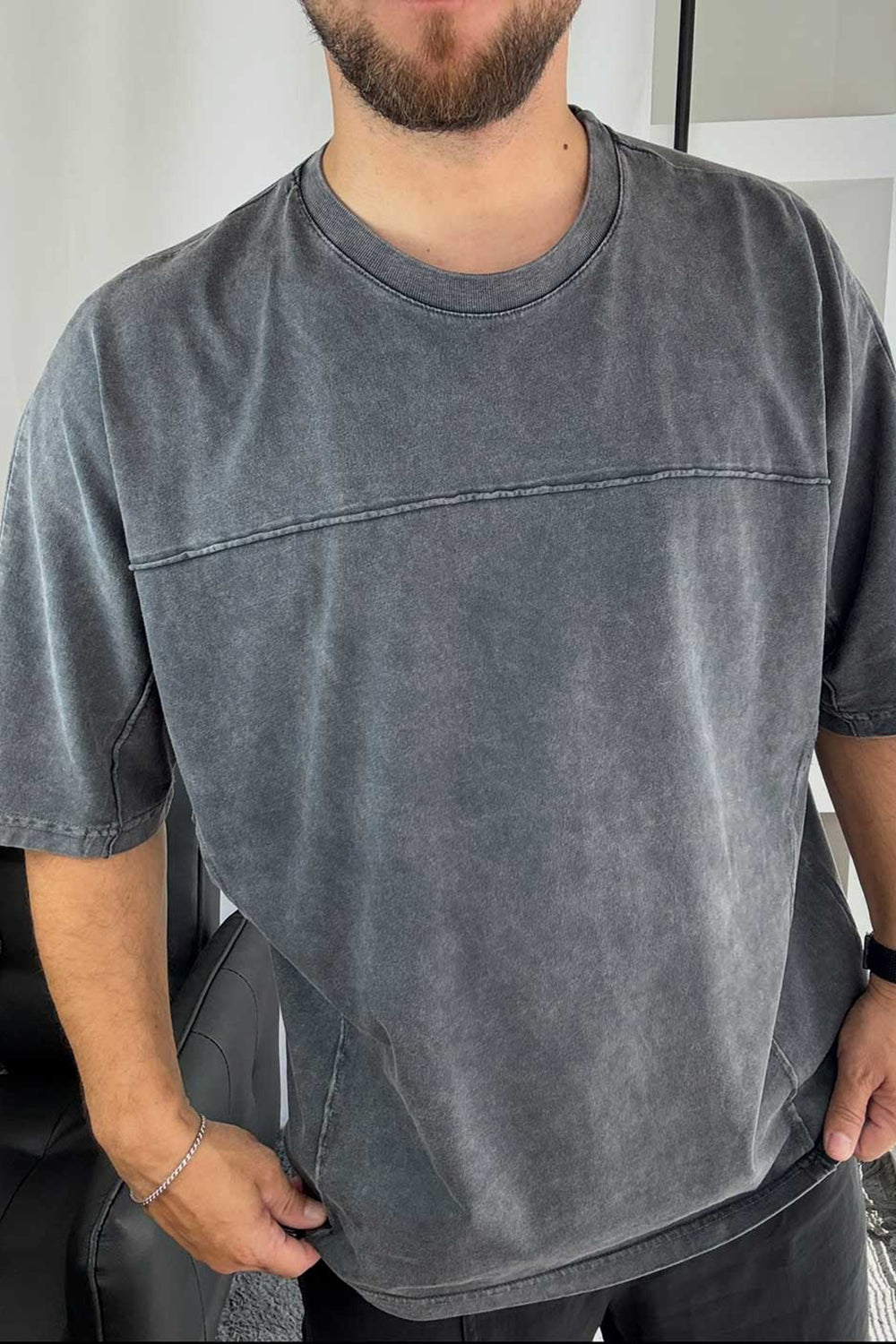 Oversized T-Shirt με Κέντημα Like Stars και Εξωτερικές Ραφές – Ανθρακί