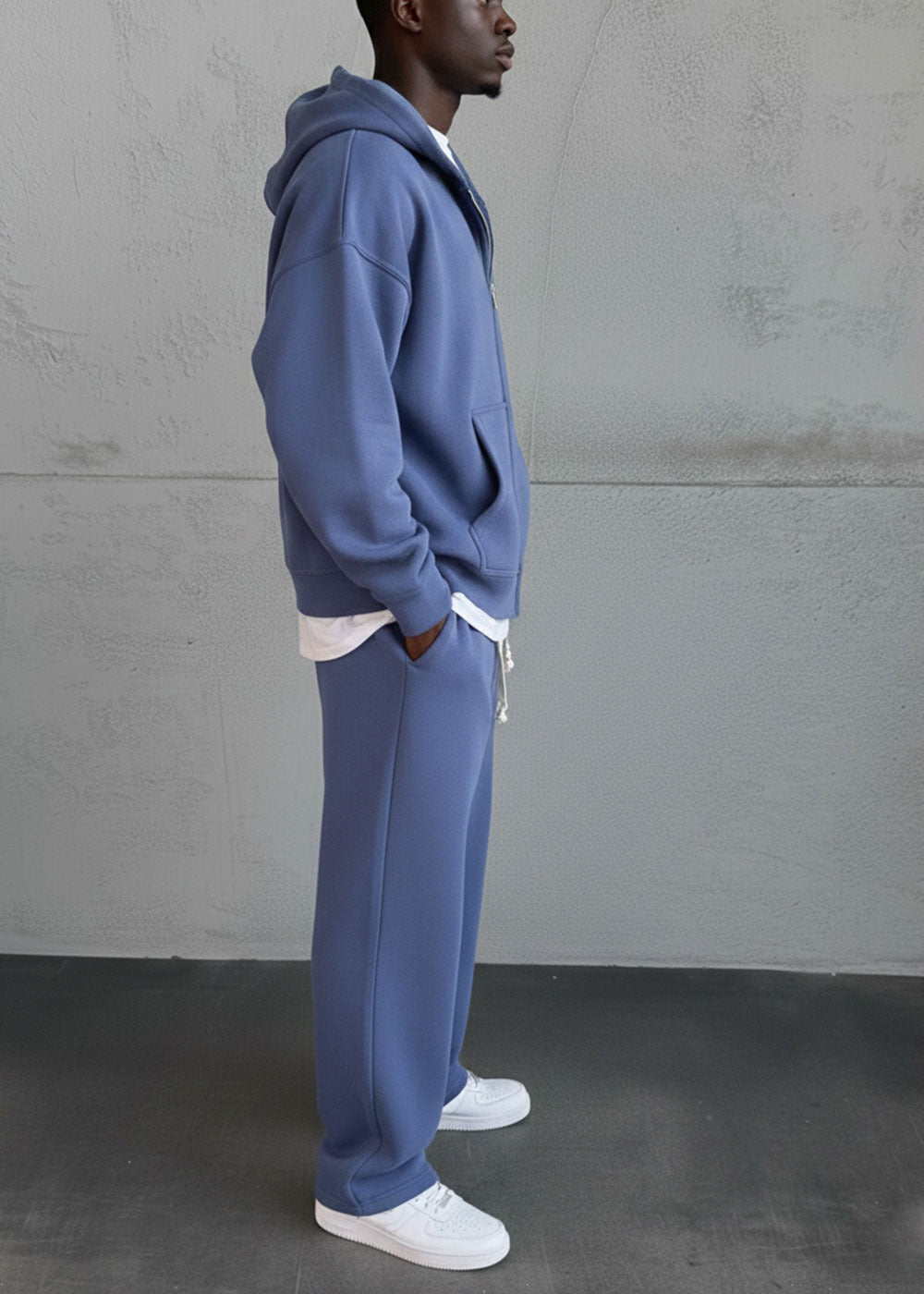 Ανδρικό σετ με oversized ζακέτα φούτερ με διπλό φερμουάρ, baggy φόρμα και εσωτερική επένδυση σε μπλε