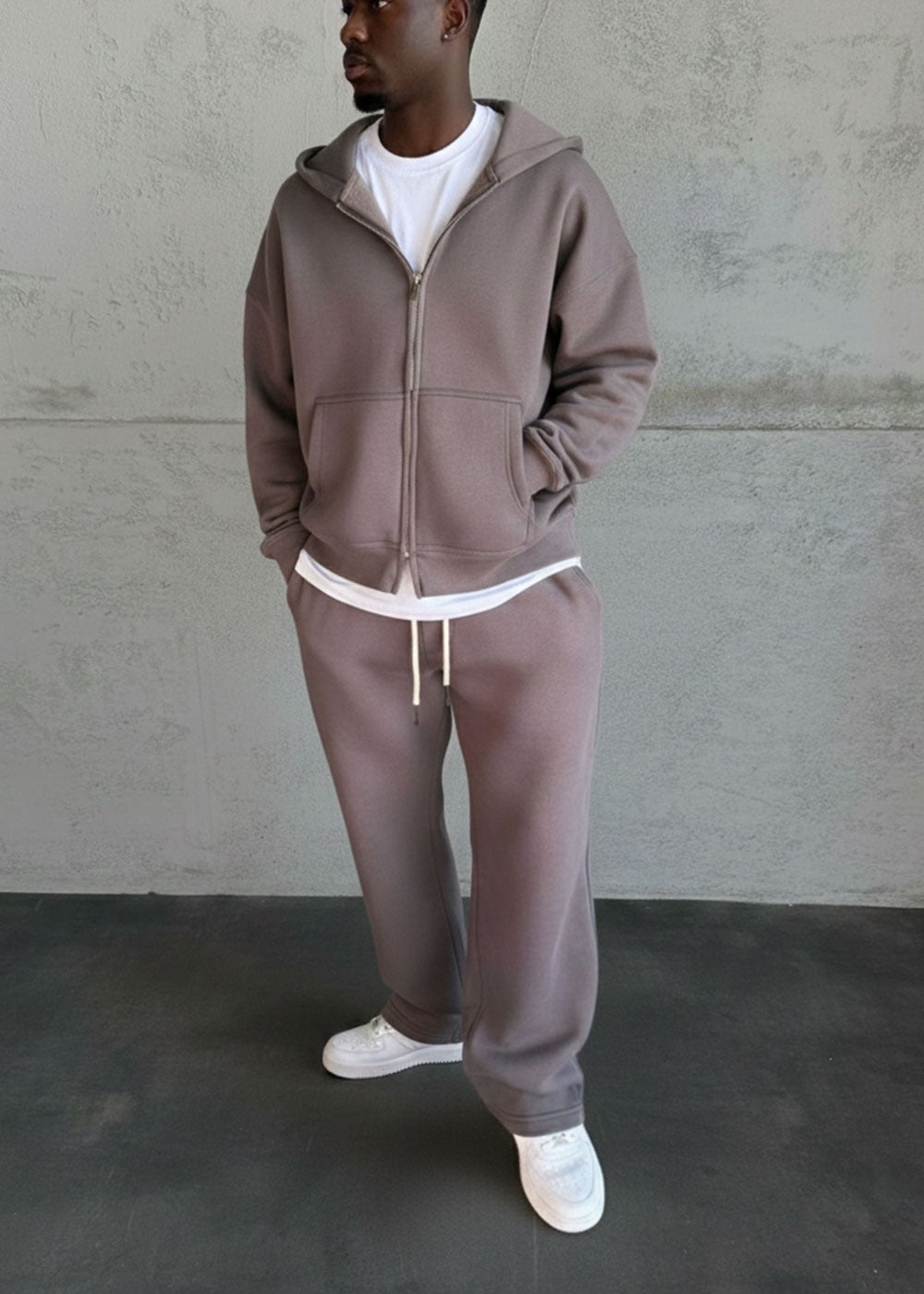 Σετ Εσωτερική Επένδυση με Oversized Ζακέτα Φούτερ με Διπλό Άνοιγμα Φερμουάρ και Baggy Φόρμα – Καφέ Ποντικί – 5