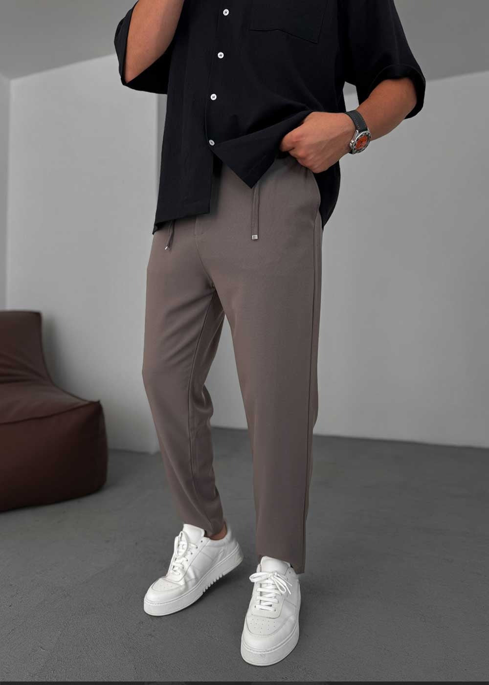 Relaxed Fit Υφασμάτινο Παντελόνι με Λάστιχο – Καφέ – 2