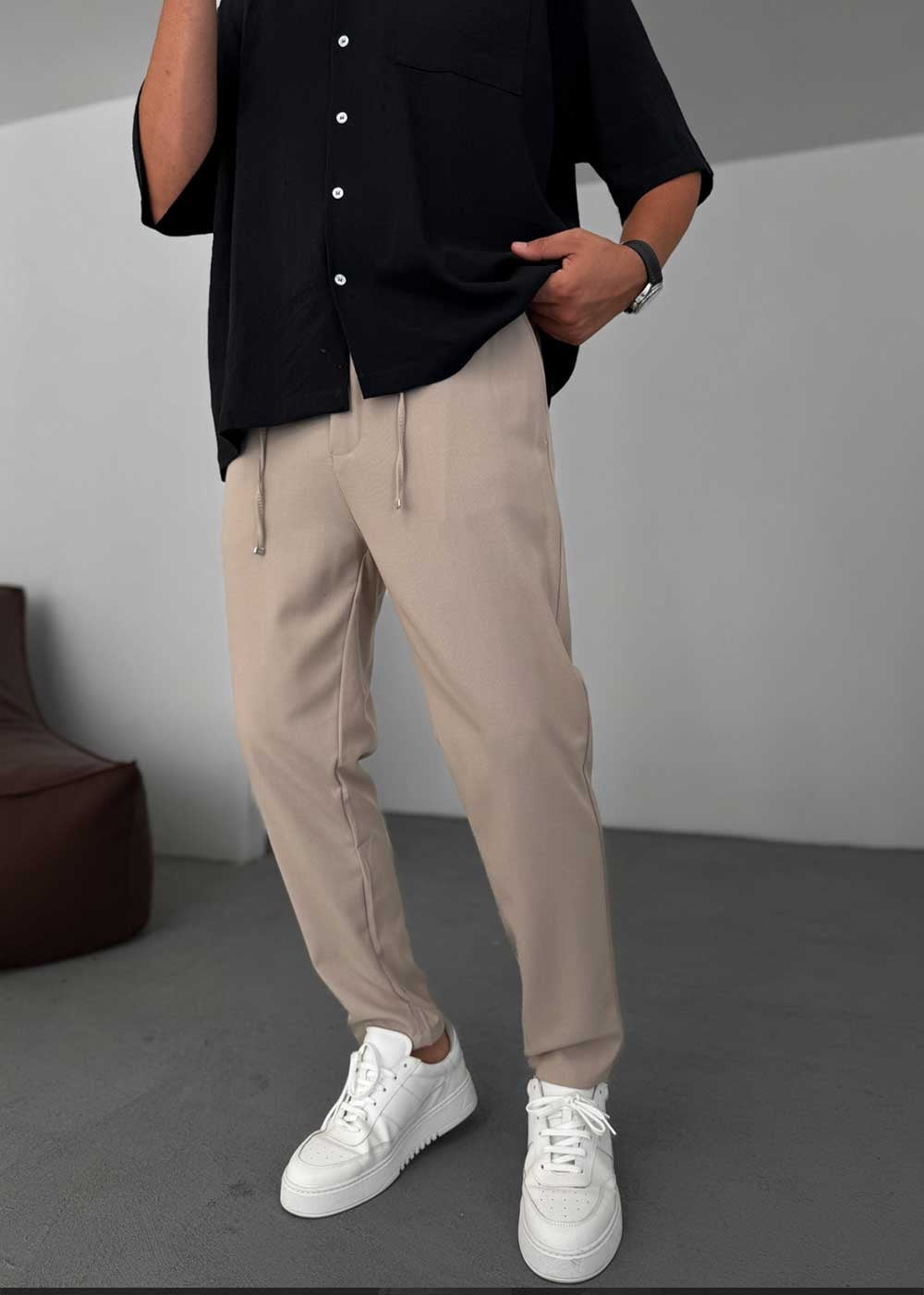 Relaxed Fit Υφασμάτινο Παντελόνι με Λάστιχο – Μπεζ