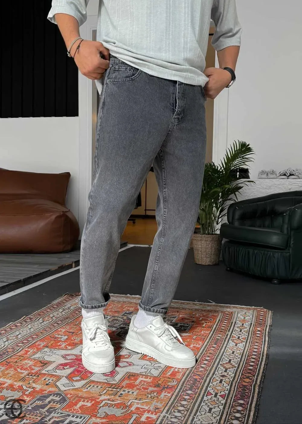 Basic Παντελόνι Τζιν Loose Fit - Ανθρακί – 2