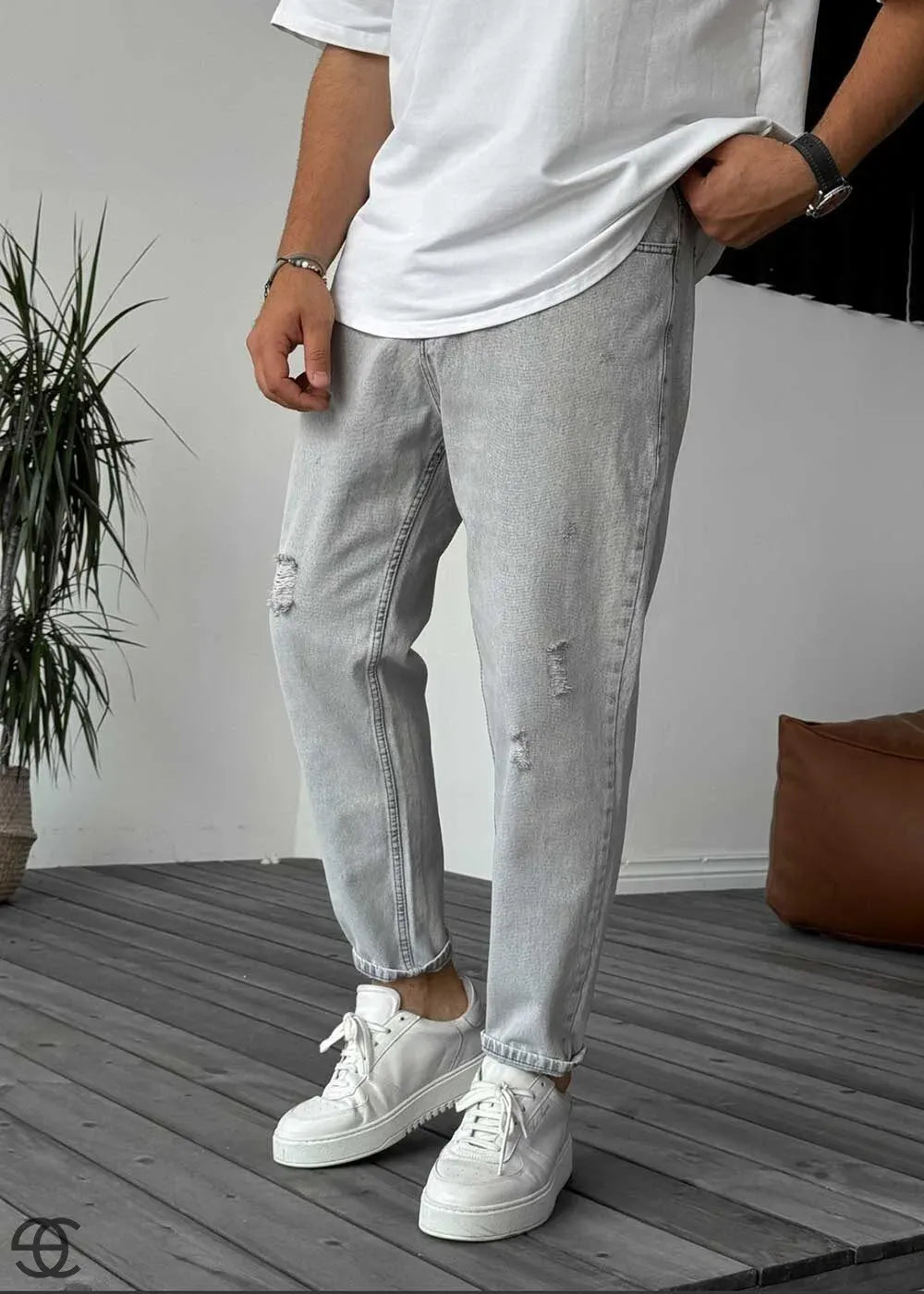 Παντελόνι Τζιν Loose Fit Με Σκισίματα - Γκρι Ανοιχτό – 3