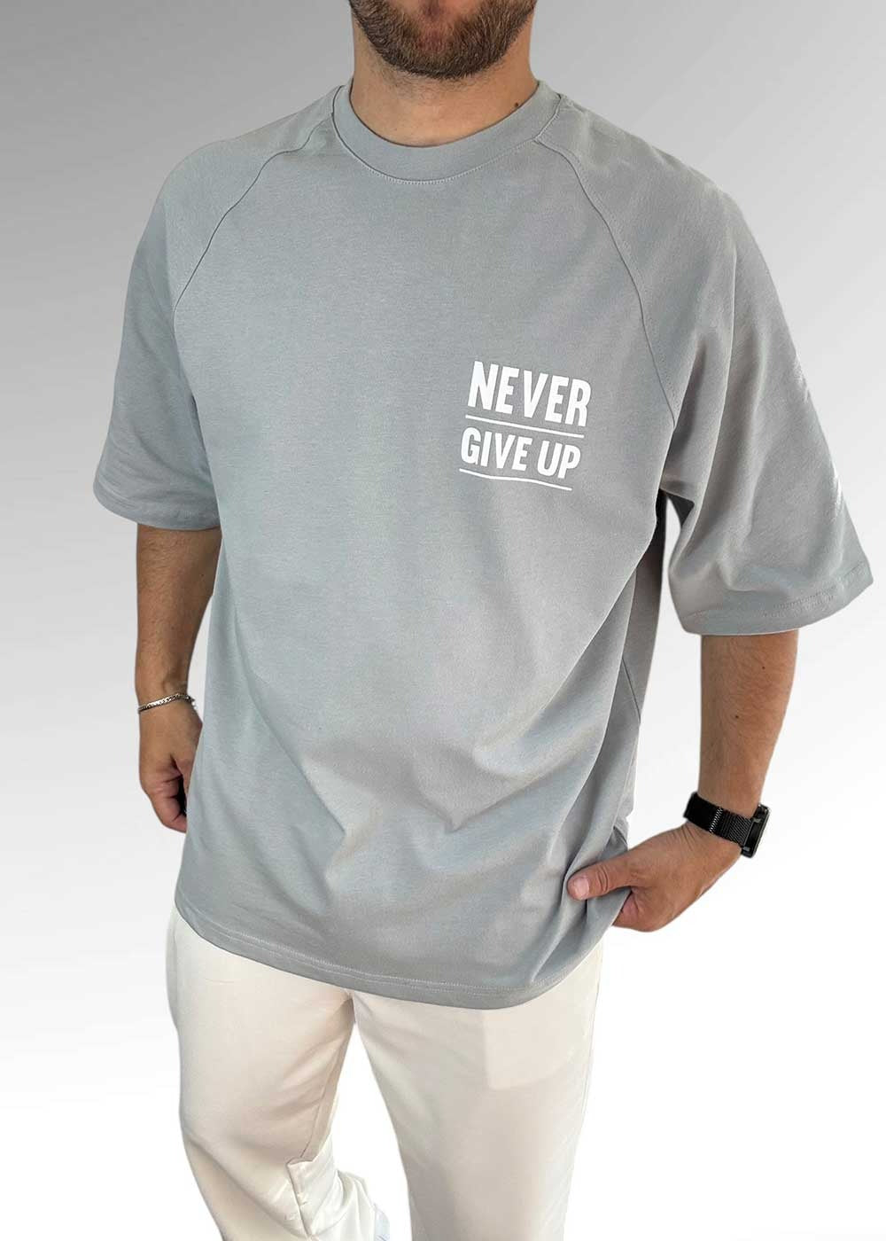 Oversized T-Shirt Never Give Up – Γκρι – 2