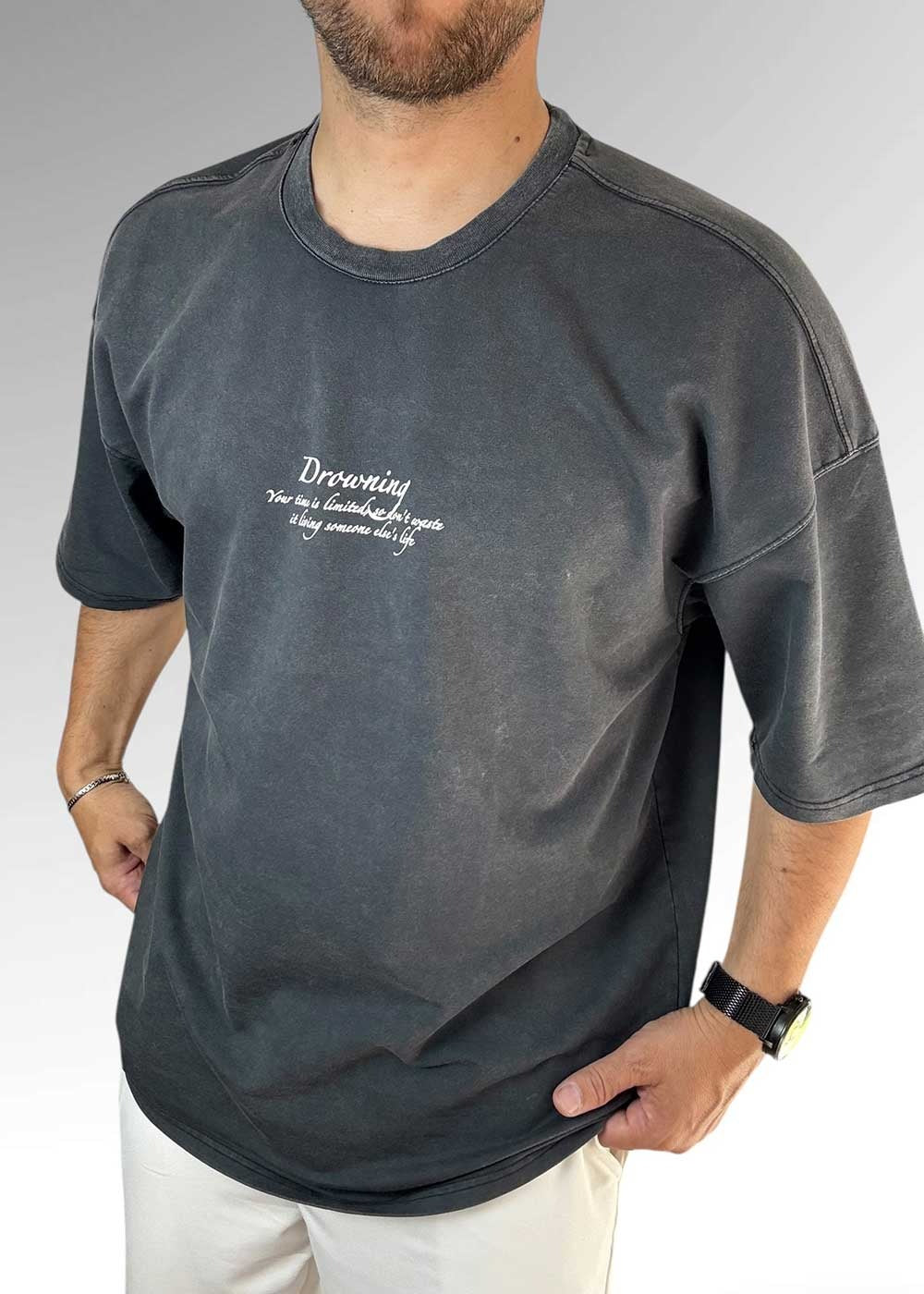 Drowning Oversized T-Shirt με Τύπωμα – Ανθρακί Ξεβαμμένο – 2