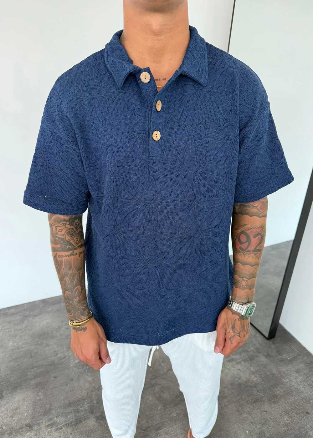 T-shirt Με Διάτρητα Σχέδια Λουλουδιών και Γιακά – Μπλε – 2