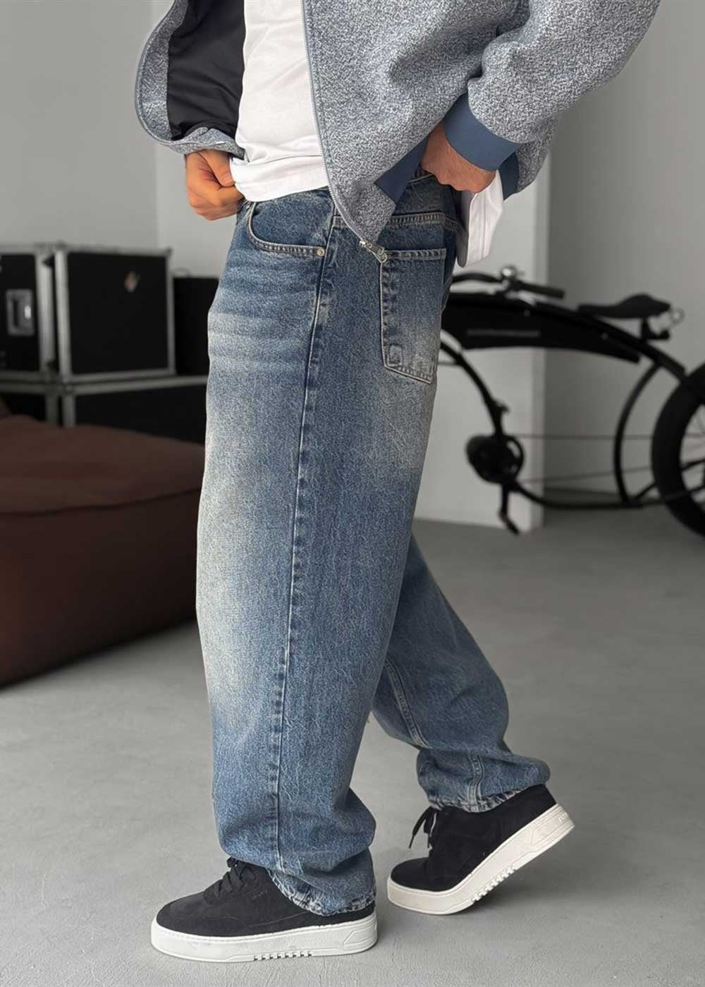 Washed Baggy Jean με Τονισμένες Ραφές – Σκούρο Μπλε – 3