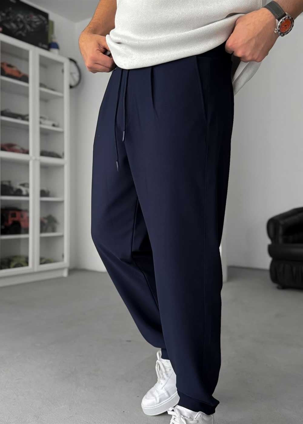 Textured Straight Fit Παντελόνι – Μπλε – 2