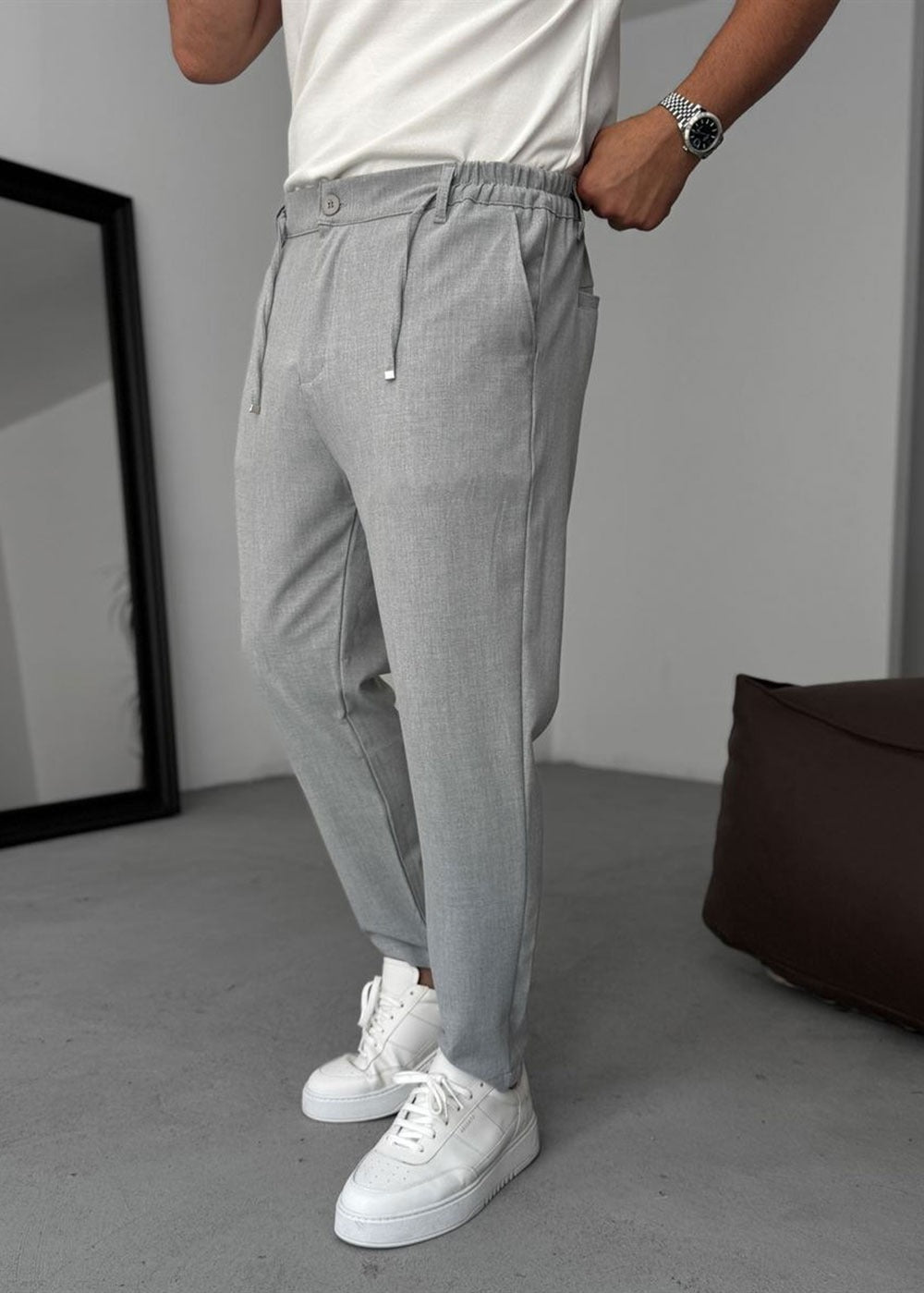 Relaxed Fit Υφασμάτινο Παντελόνι με Λάστιχο – Γκρι