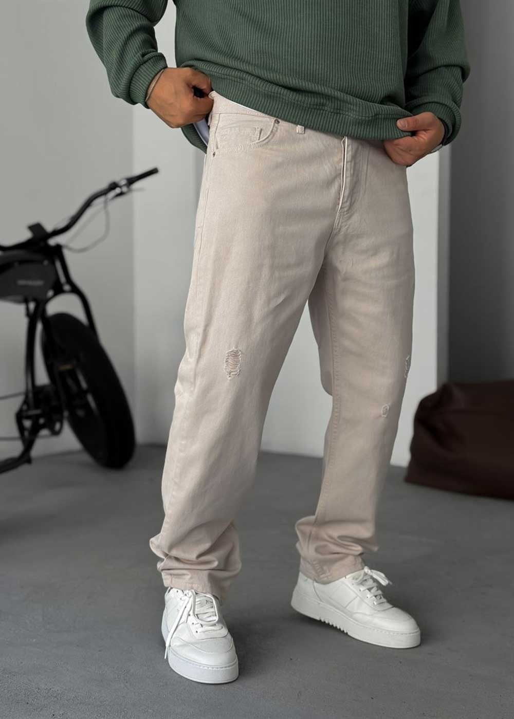 Παντελόνι Baggy Jean Με Μικρά Σκισίματα – Μπεζ – 4