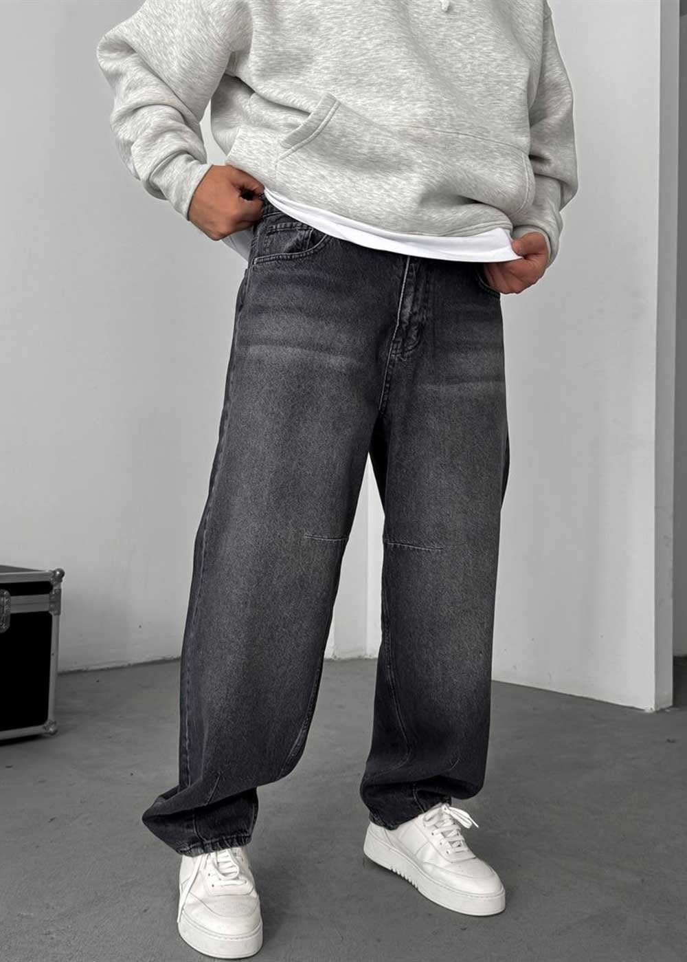 Washed Baggy Jean με Τονισμένες Ραφές – Ανθρακί