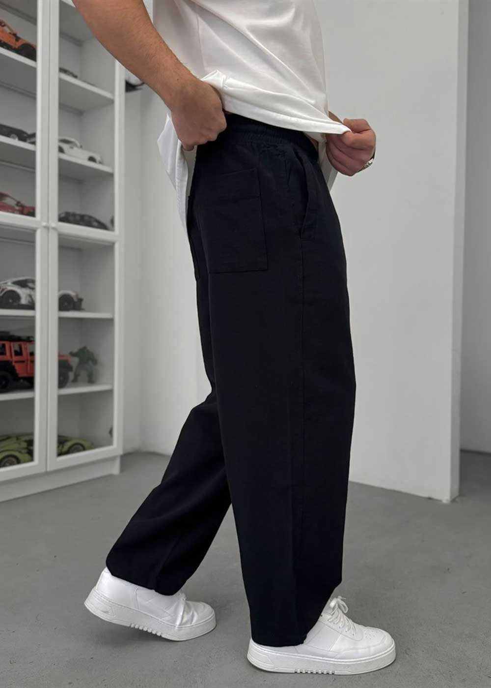 Baggy Παντελόνι Linen-Touch – Μαύρο
