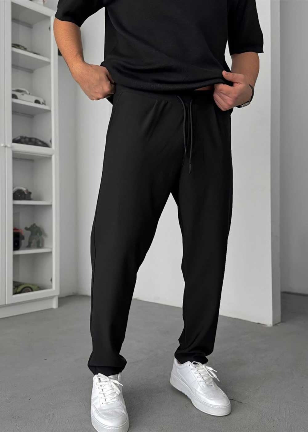Textured Straight Fit Παντελόνι – Μαύρο – 2